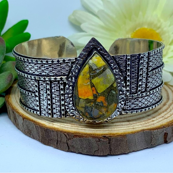 Copper Bumble Bee Jasper Silver Handmade Bangle Cuff - Picture 2 of 10